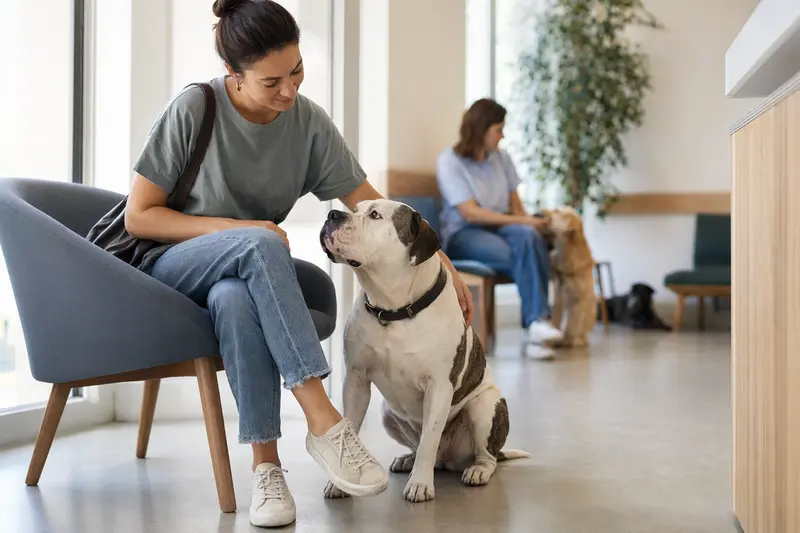 Ein Old Country Bulldog sitzt ruhig neben seinem Besitzer im hellen Wartezimmer einer modernen Tierarztpraxis.
